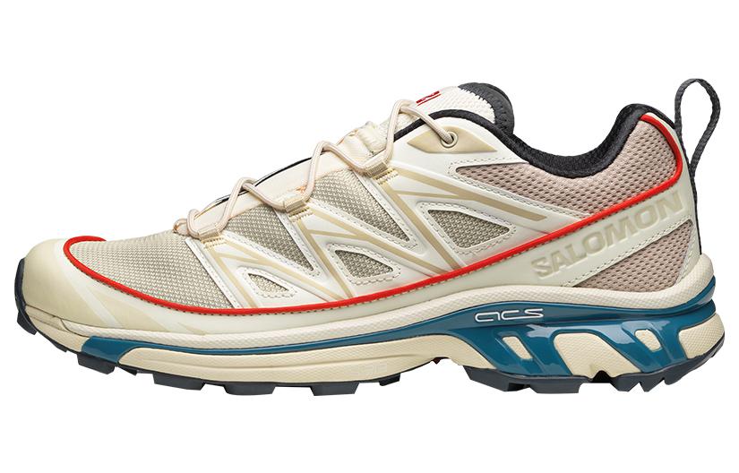 Salomon XT-6 Expanse Cream Sneakers with Red Trim and Teal Sole Accents