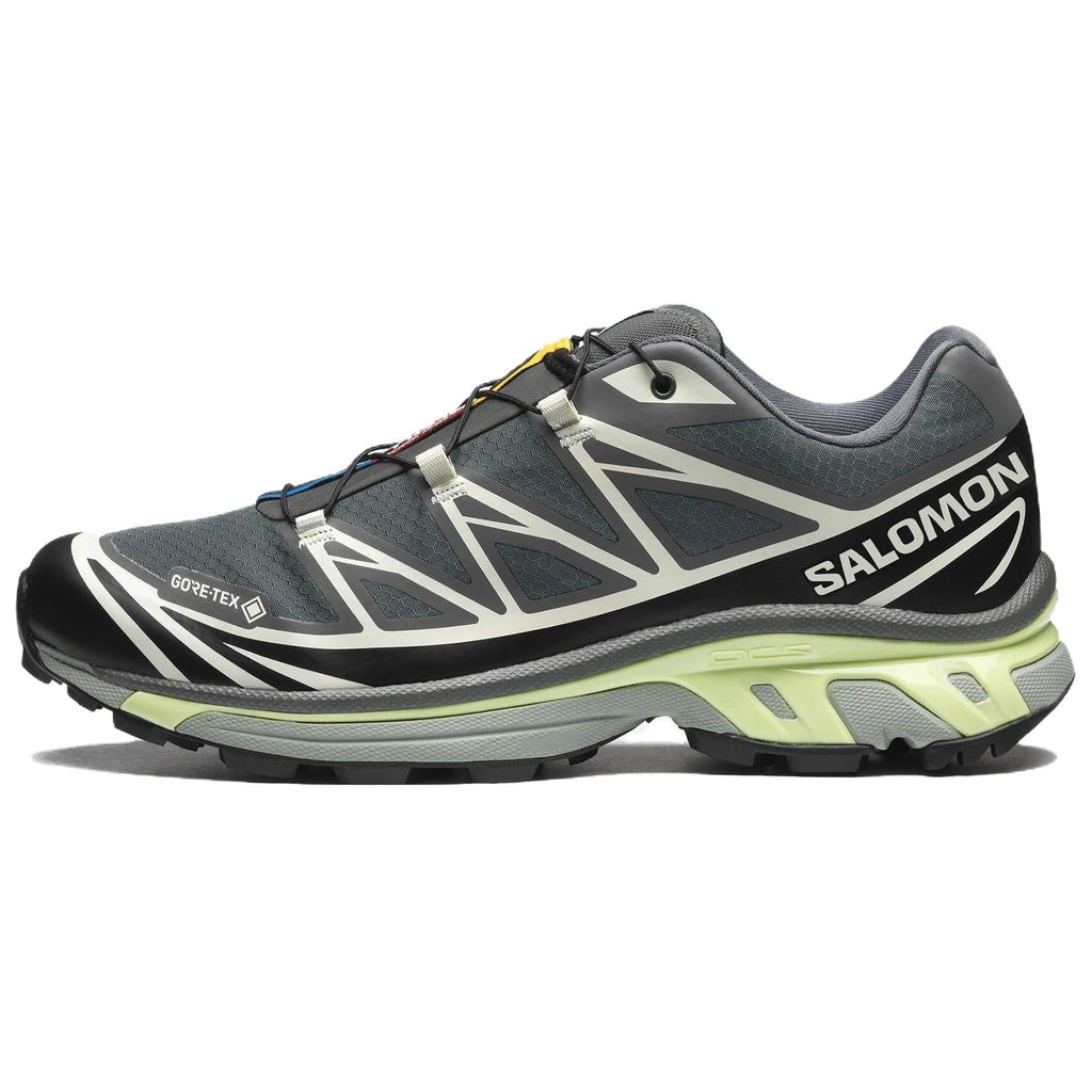 Salomon XT-6 GTX Charcoal / Black Sneakers with White Graphics and Lime Sole Accents