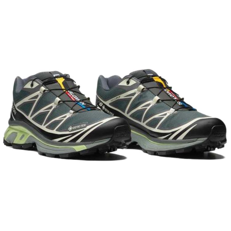Salomon XT-6 GTX Charcoal / Black Sneakers with White Graphics and Lime Sole Accents