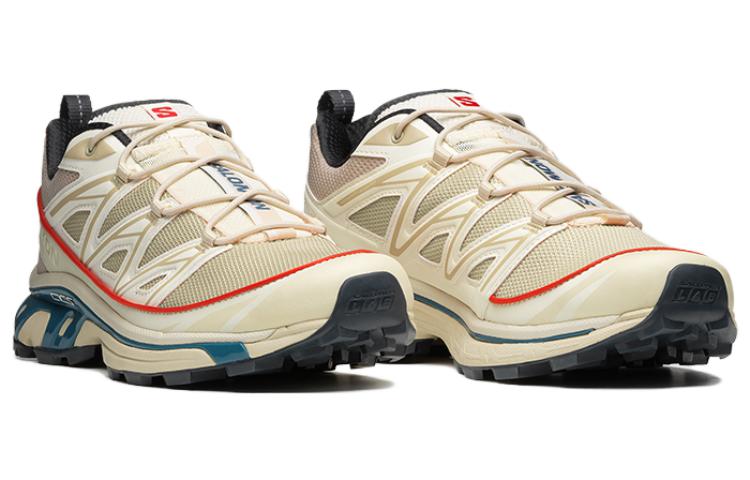 Salomon XT-6 Expanse Cream Sneakers with Red Trim and Teal Sole Accents