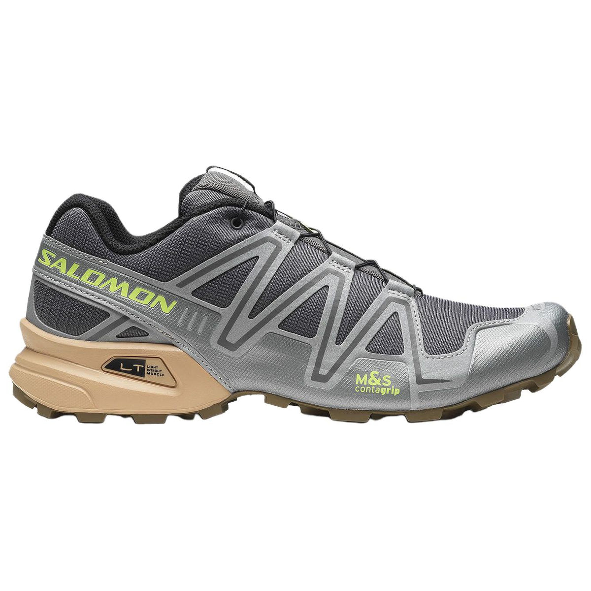 Salomon Speedcross 3 Gray Sneakers with Lime Accents and Beige Heel Sole