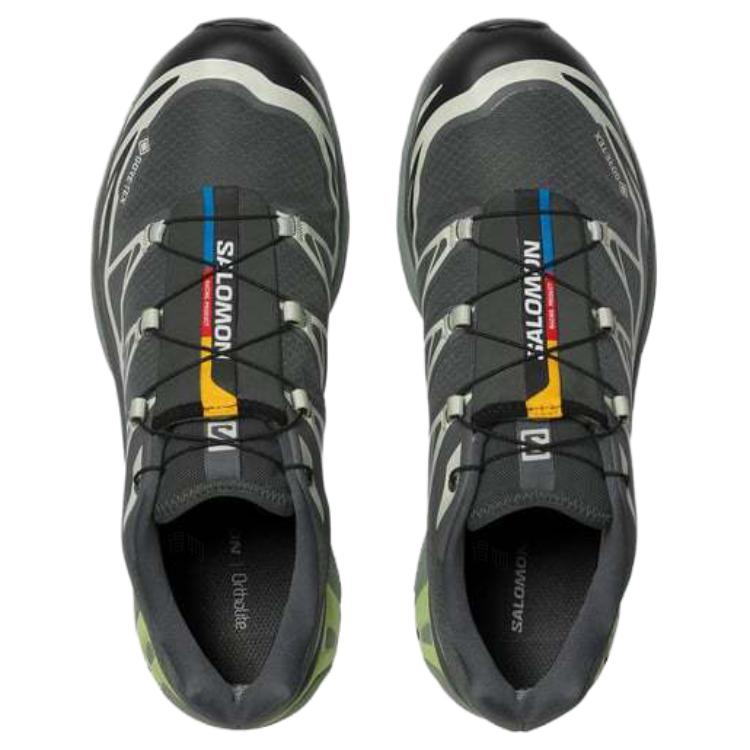 Salomon XT-6 GTX Charcoal / Black Sneakers with White Graphics and Lime Sole Accents
