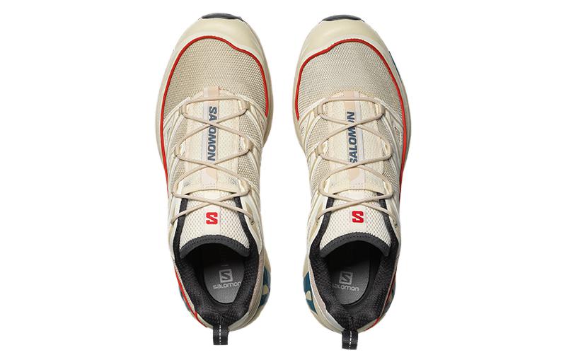Salomon XT-6 Expanse Cream Sneakers with Red Trim and Teal Sole Accents