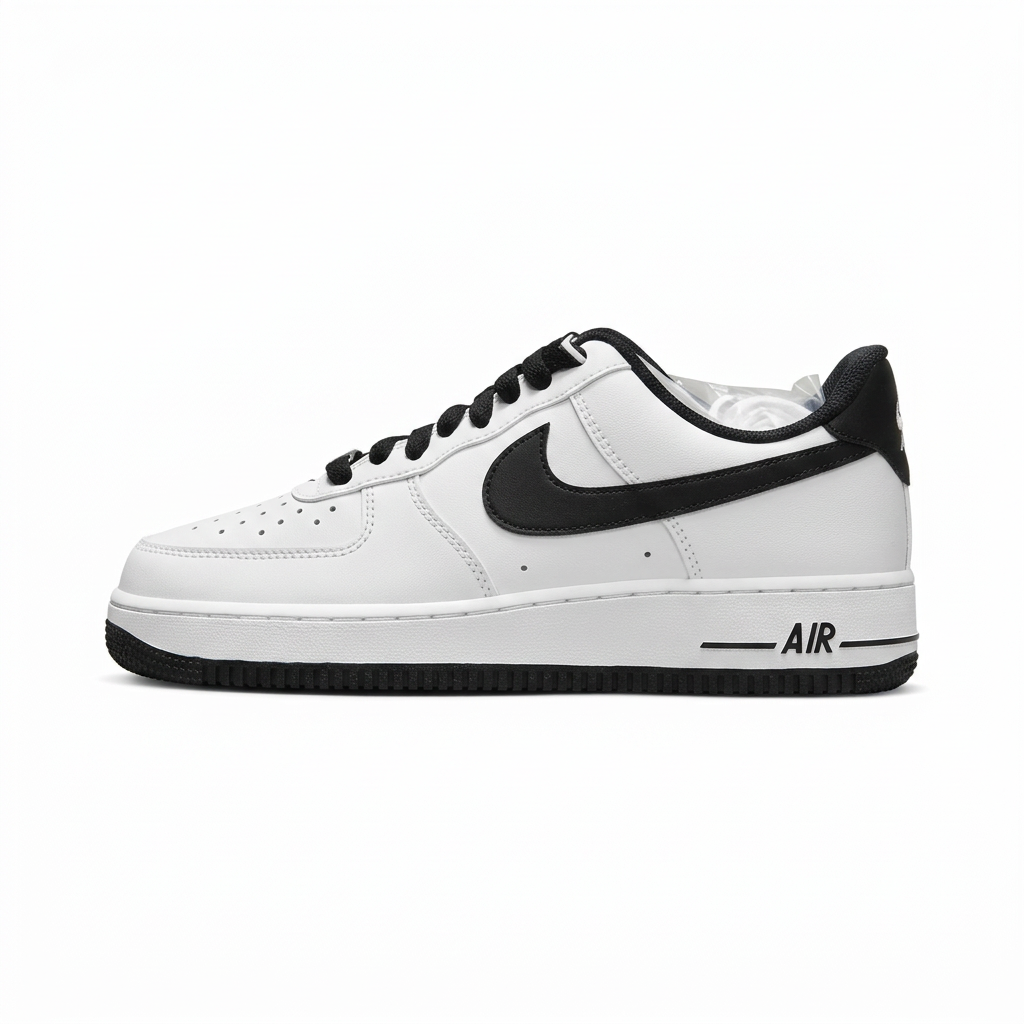 White and black Nike sneaker, side view on a white background