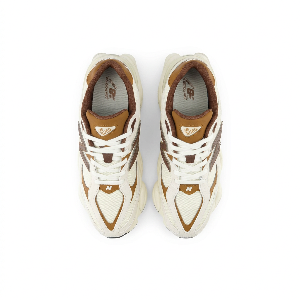New Balance 9060 cream and brown pair overhead view on white