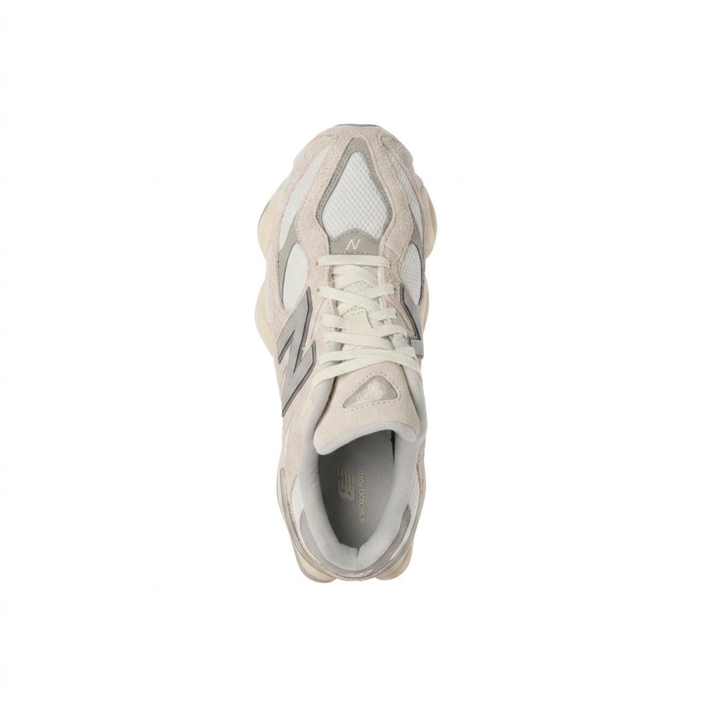 New Balance 9060 cream and grey overhead view on white