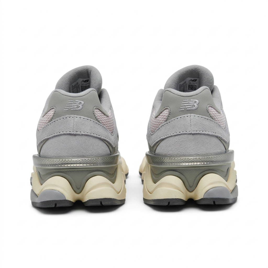 New Balance 9060 Grey Cream pair rear view on white background