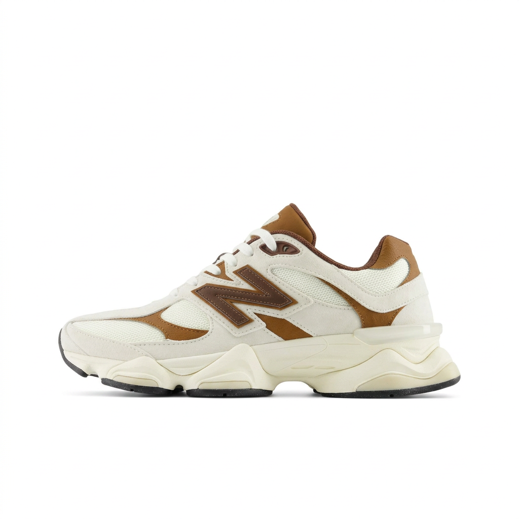 New Balance 9060 cream and brown left-facing side view on white