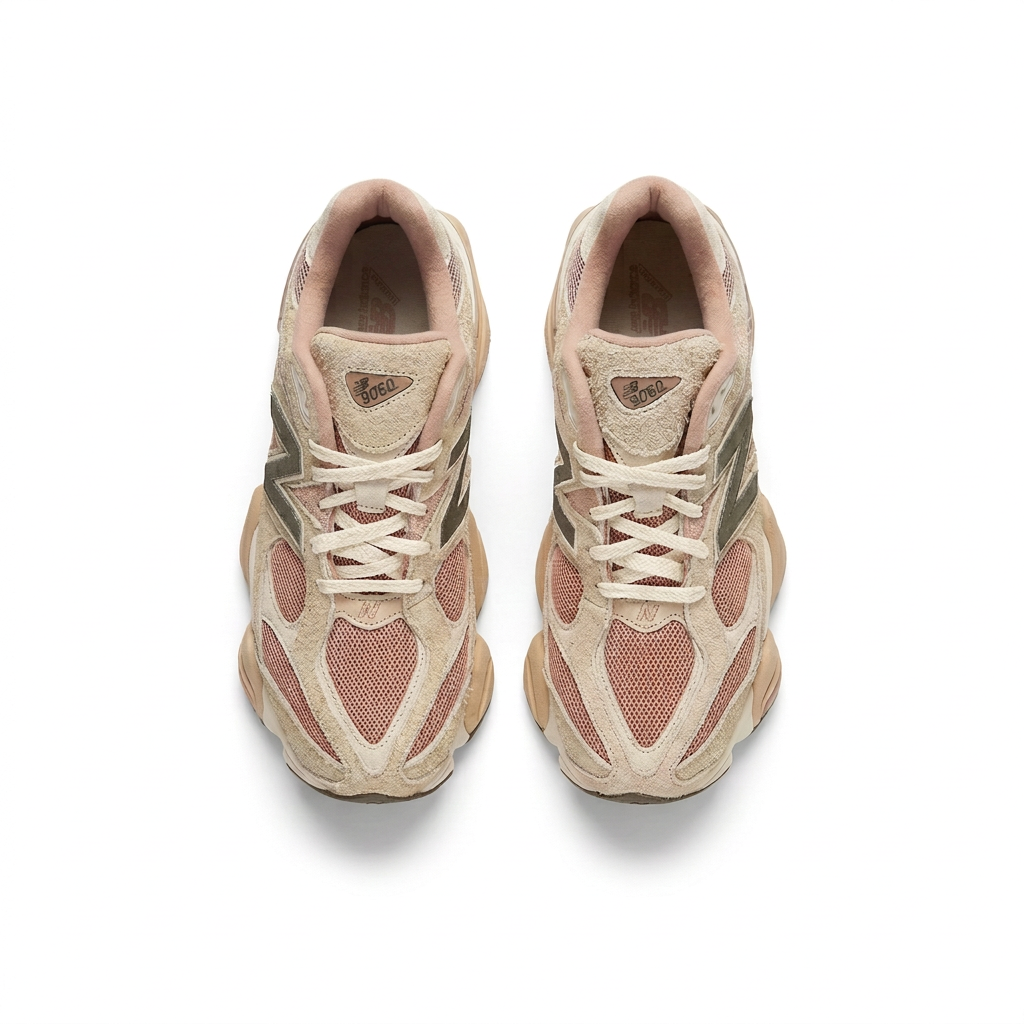 New Balance 9060 Beige Pink pair overhead view on white background