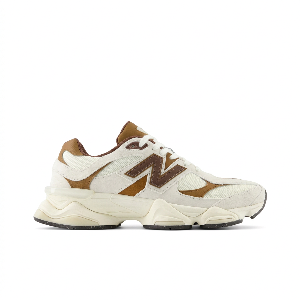 New Balance 9060 cream and brown right-facing side view on white