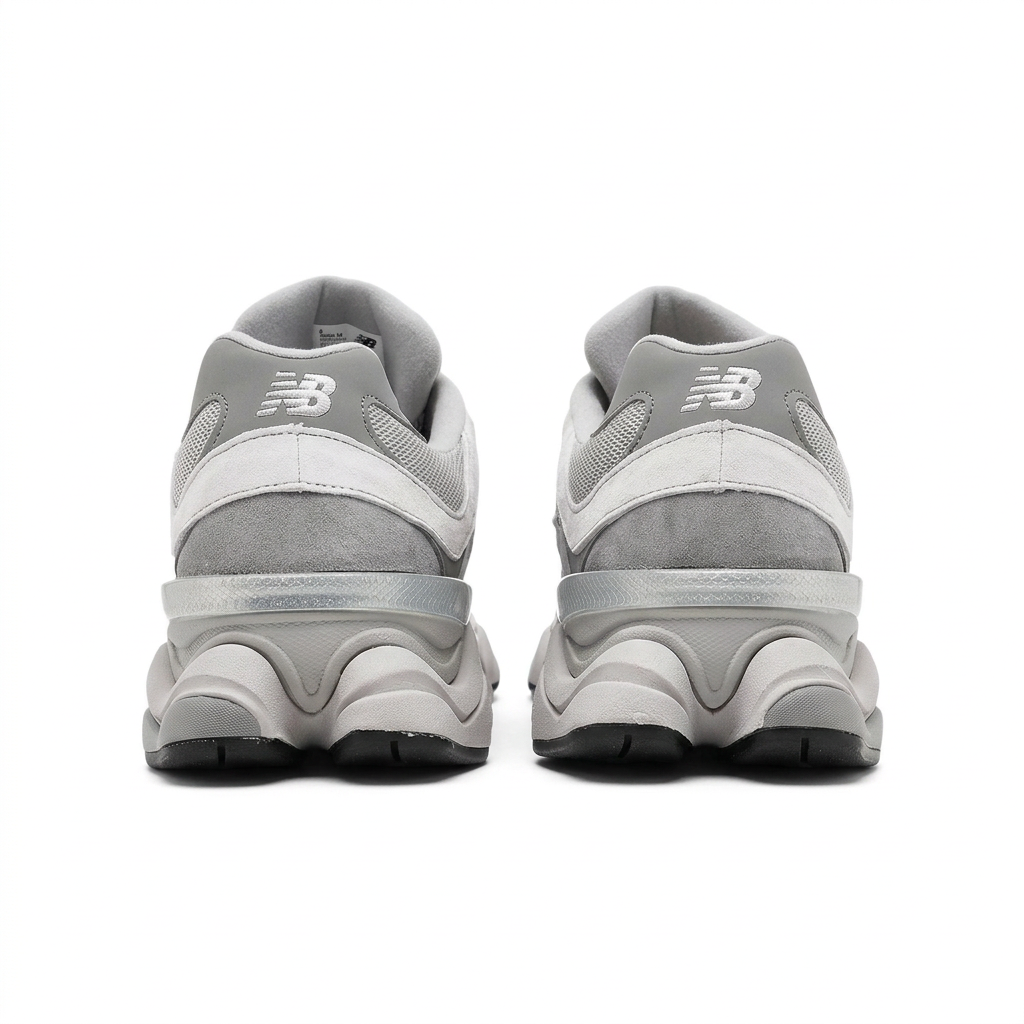 New Balance 9060 grey and white sneakers, rear view on a white background