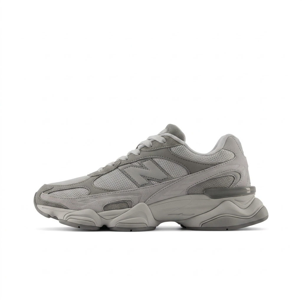 New Balance grey and charcoal sneaker, left-facing side view on white