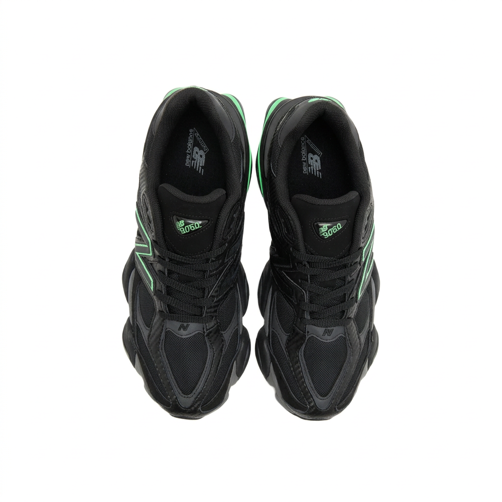 New Balance 9060 Black Green pair overhead view on white background
