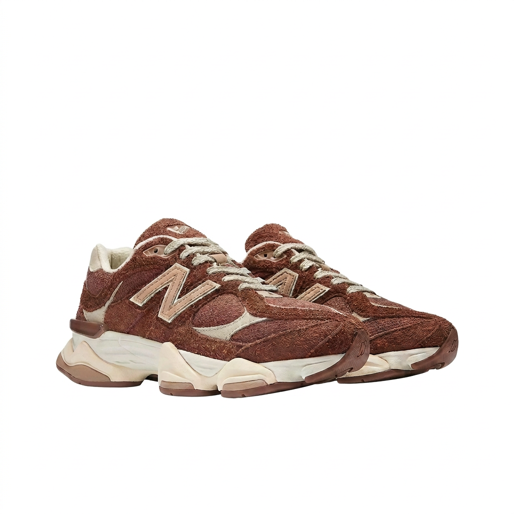 New Balance 9060 Brown Cream pair front angled view on white background
