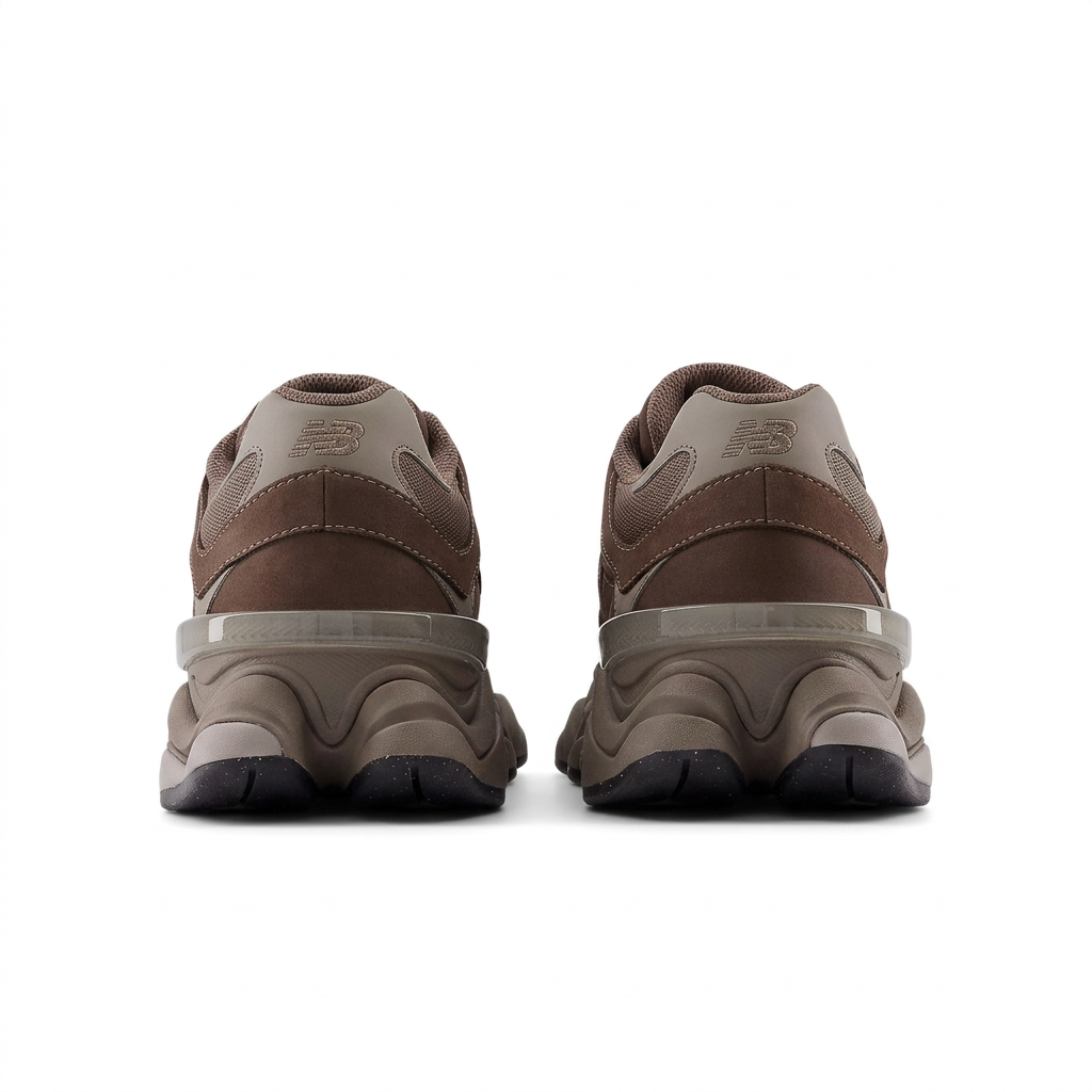 New Balance 9060 brown and taupe sneakers, rear view on white