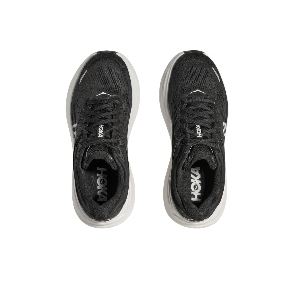 HOKA Bondi 9 black and white pair, top view on white background
