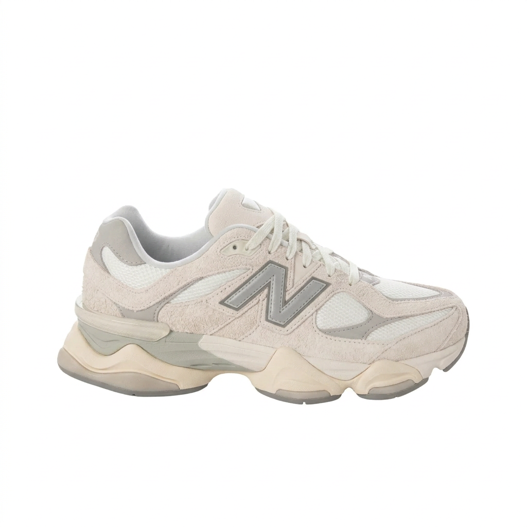 New Balance 9060 cream and grey side view on white