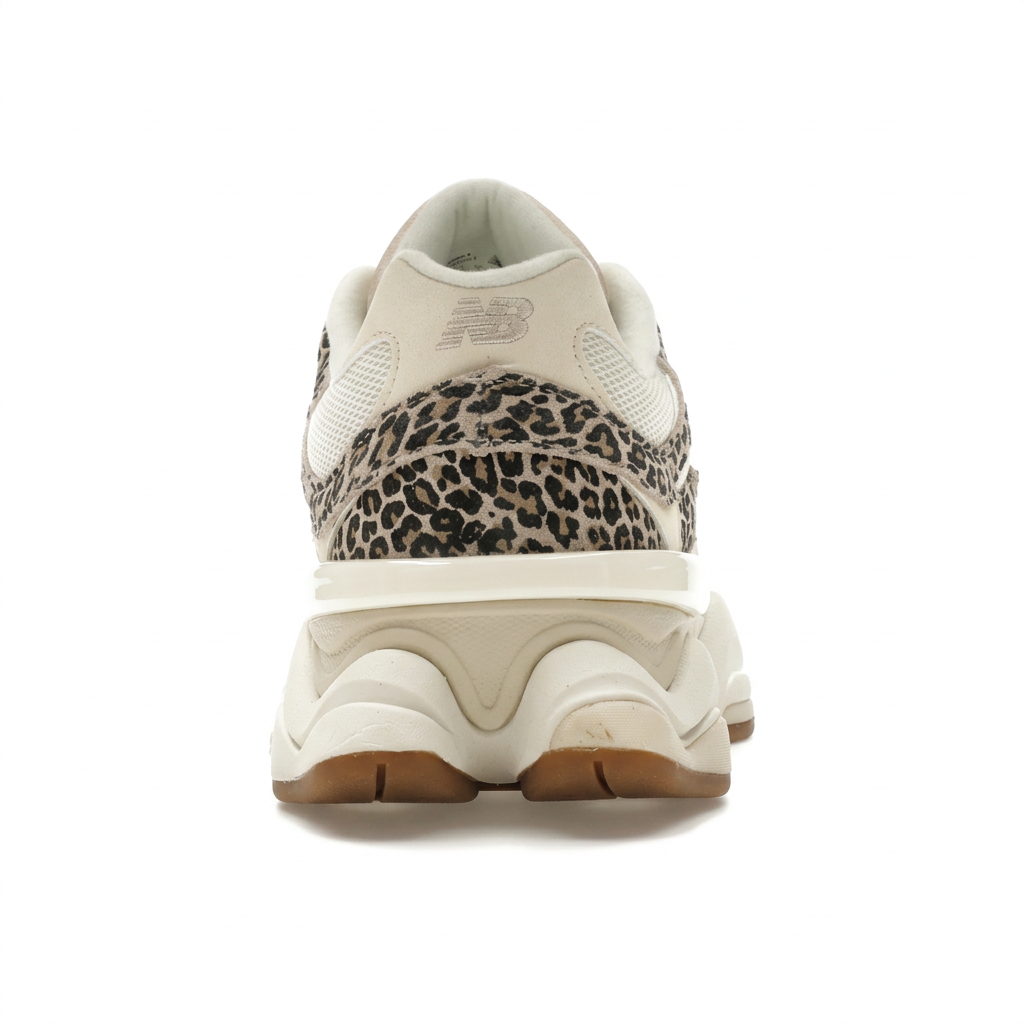 New Balance 9060 Cream Leopard Print heel view on white background
