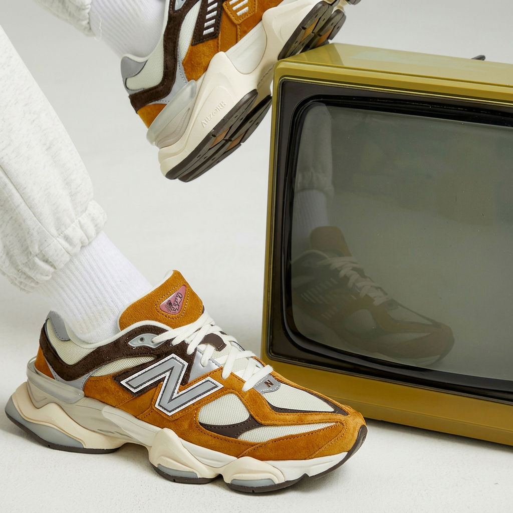 New Balance 9060 Tan Cream square lifestyle close-up beside vintage television