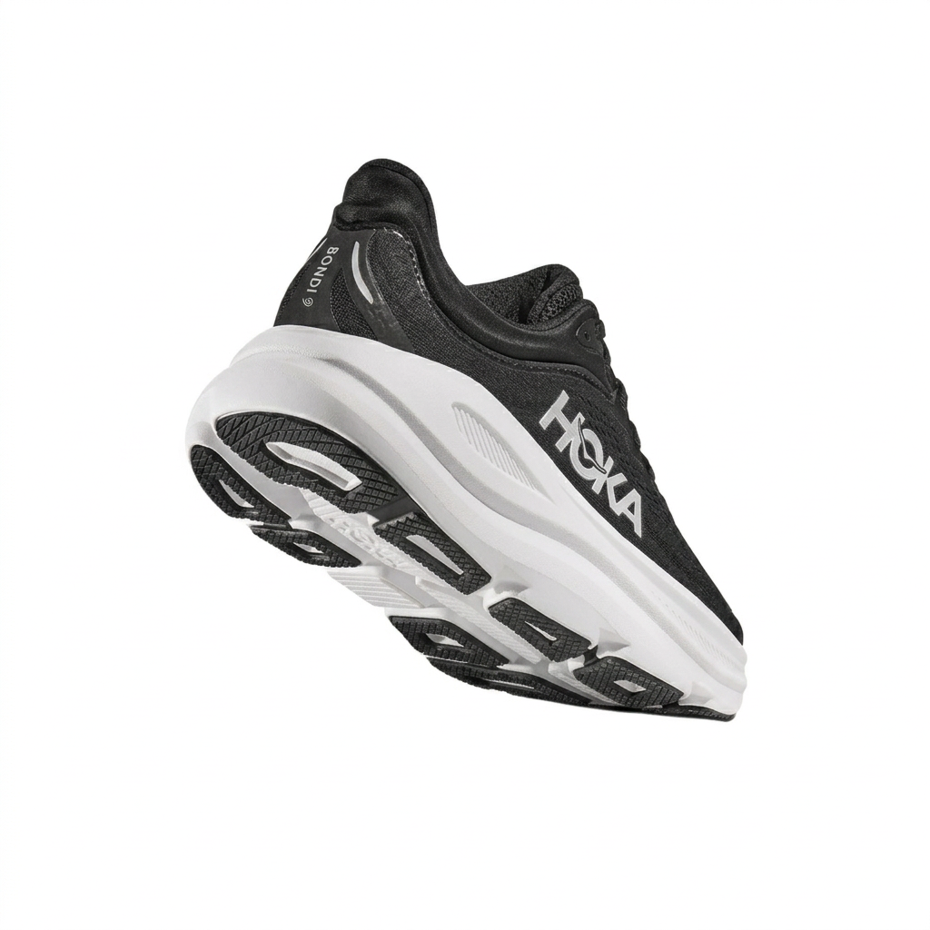 HOKA Bondi 9 black and white shoe, angled outsole view on white background