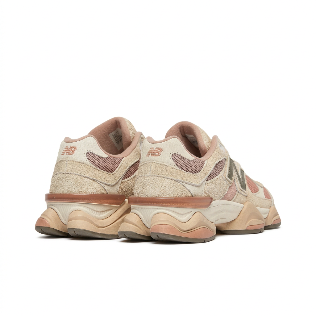 New Balance 9060 Beige Pink pair rear angled view on white background