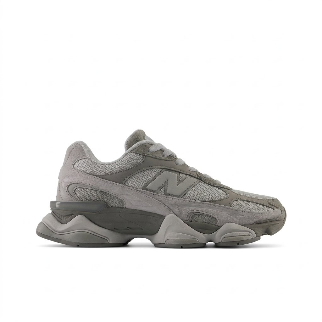 New Balance grey and charcoal sneaker, right-facing side view on white