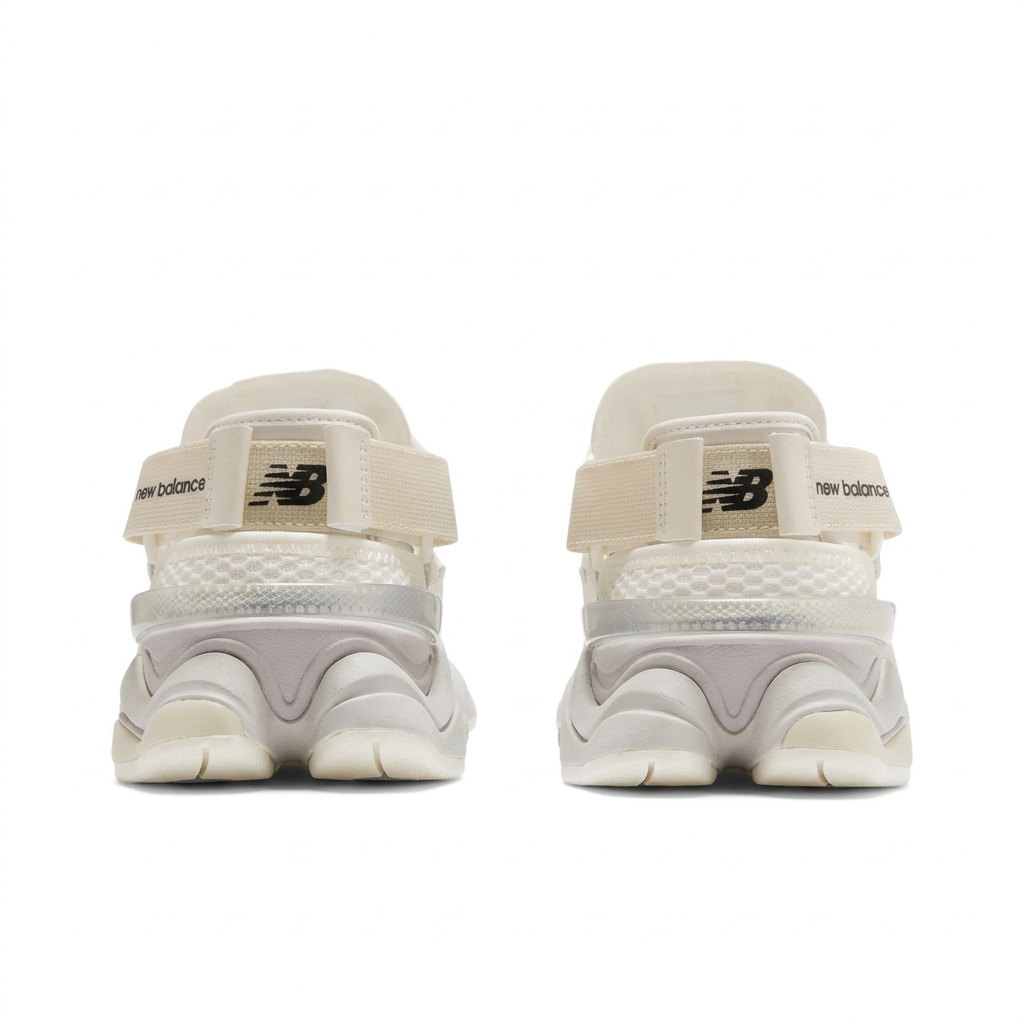 New Balance 9060 cream and grey sneakers, rear view on a white background