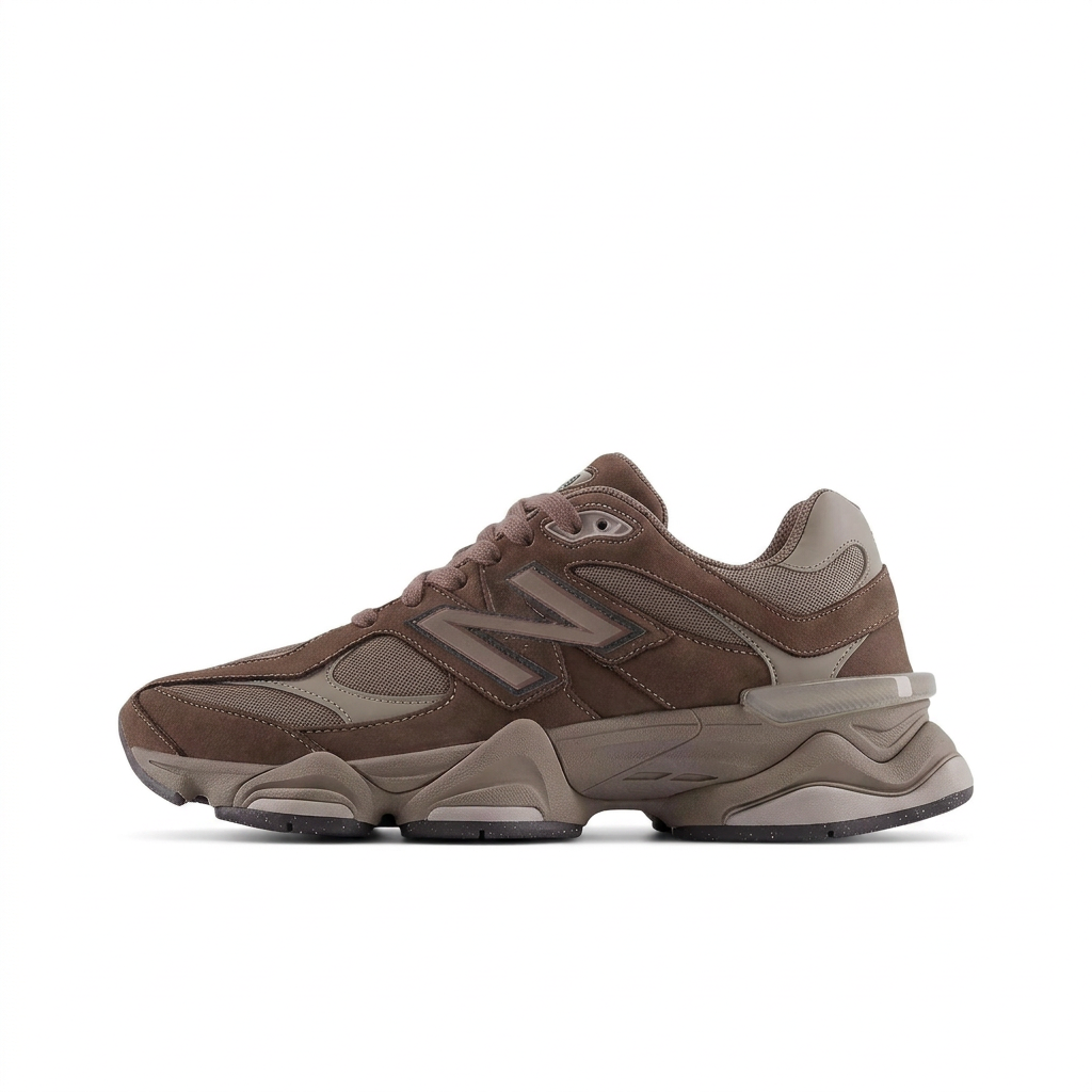 New Balance 9060 brown and taupe sneaker, left-facing side view on white