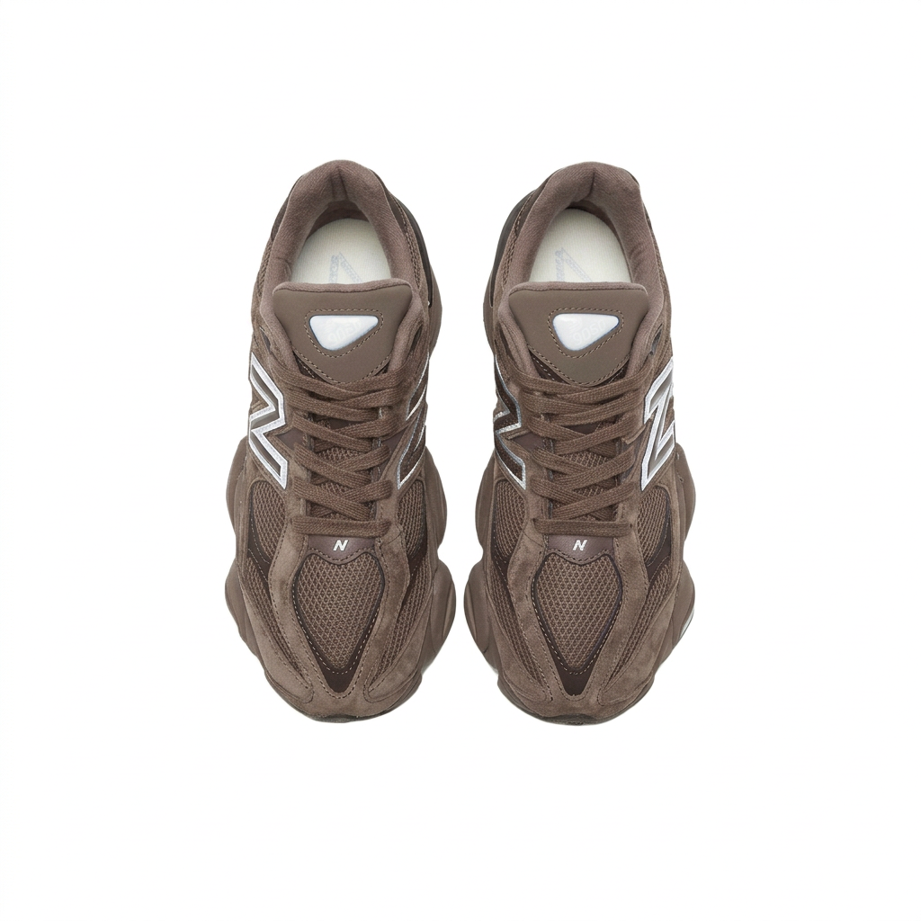 New Balance 9060 brown sneakers, top view on white