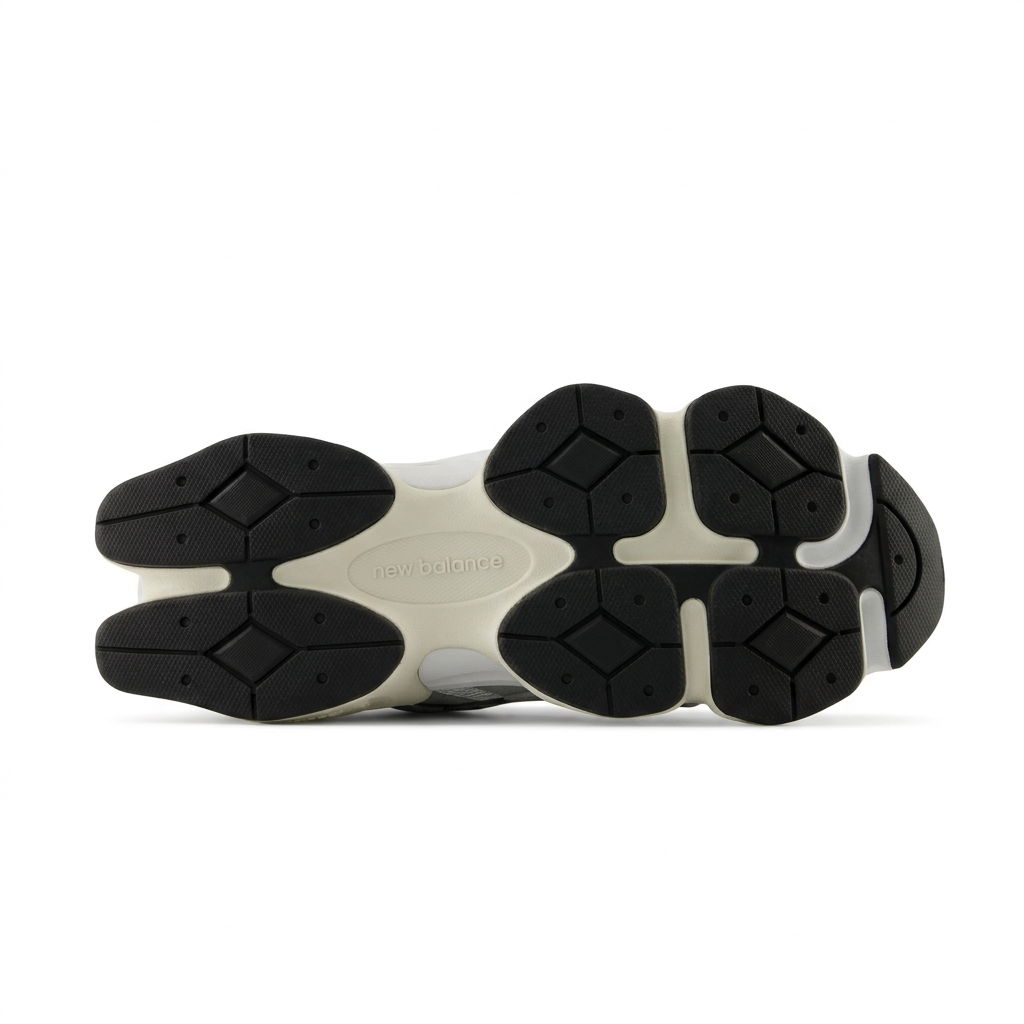 New Balance 9060 black and cream segmented outsole, bottom view on white