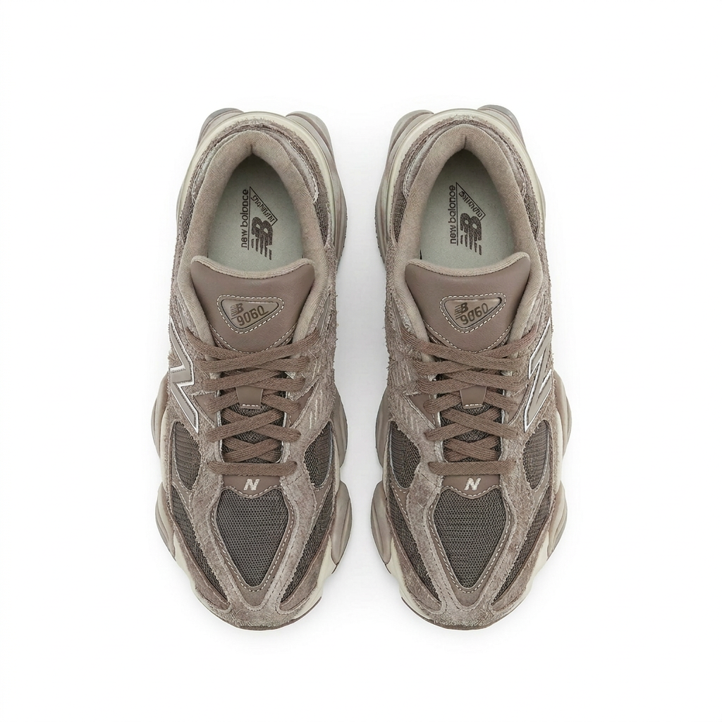 New Balance 9060 taupe and cream sneakers with frayed-edge overlays, top view on a white background