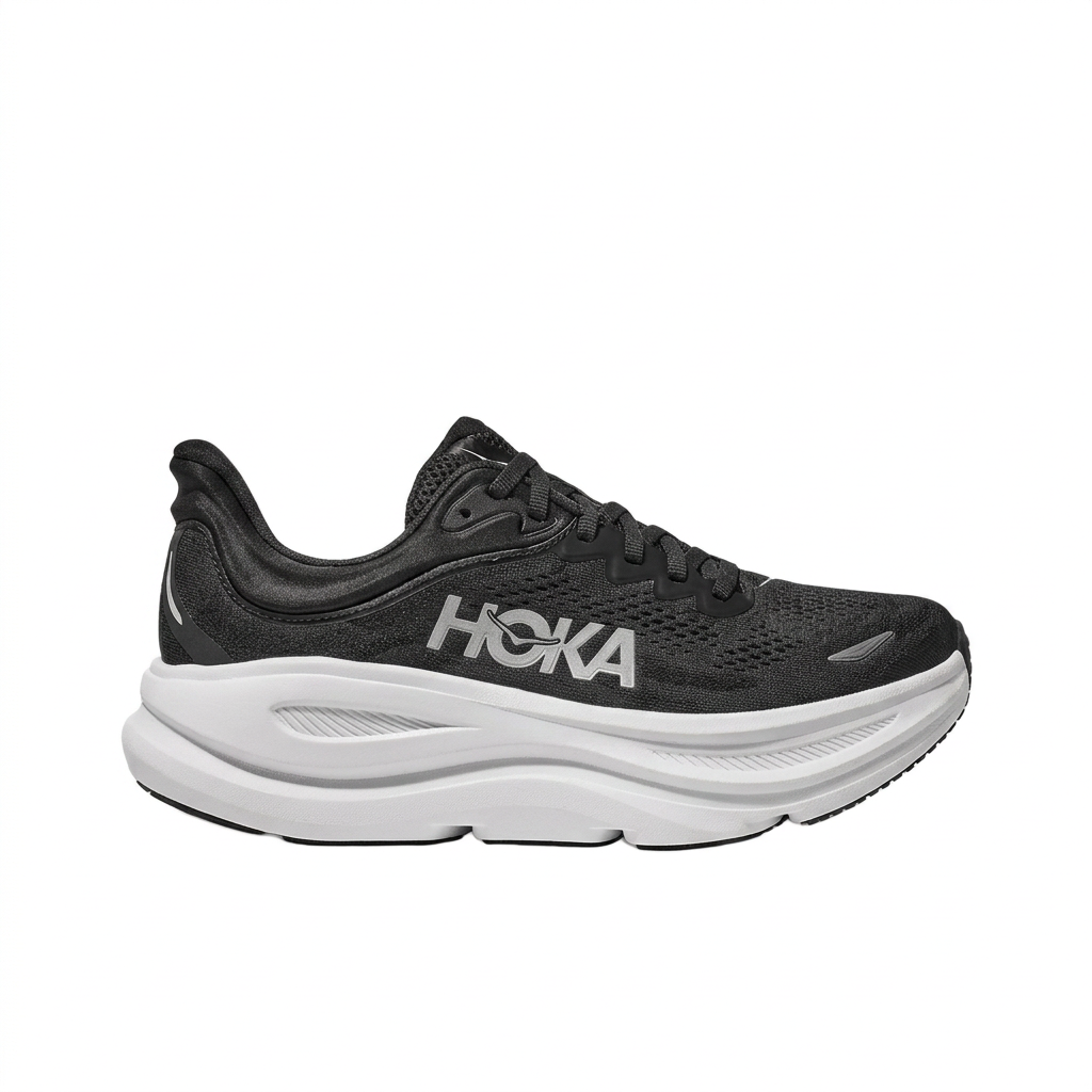 HOKA Bondi 9 black upper and white sole, side profile on a white square background