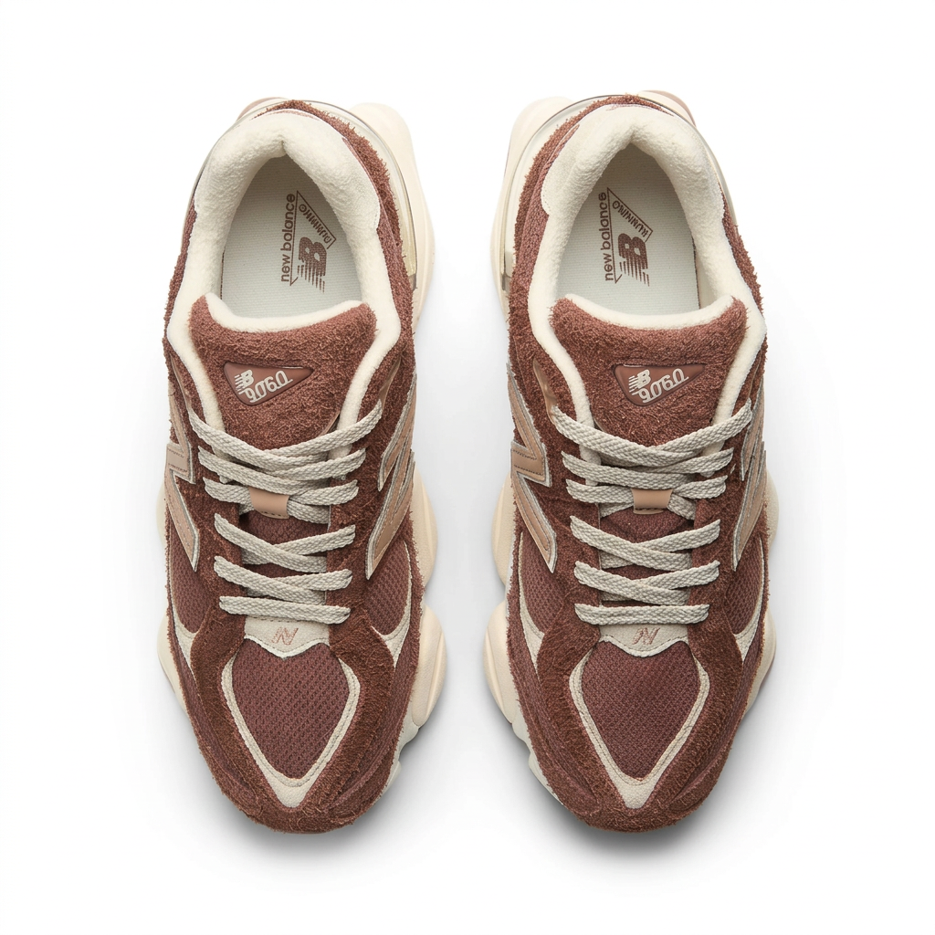 New Balance 9060 Brown Cream pair overhead view on white background