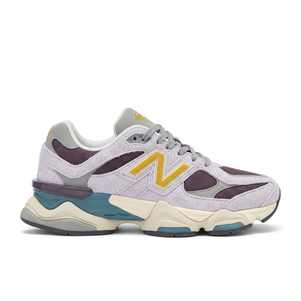 New Balance 9060 Light Grey Purple side view on white background
