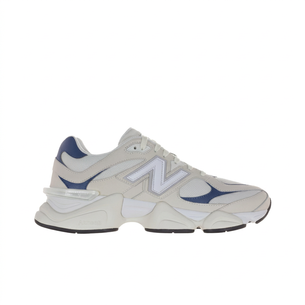 New Balance 9060 cream and navy right-facing side view on white