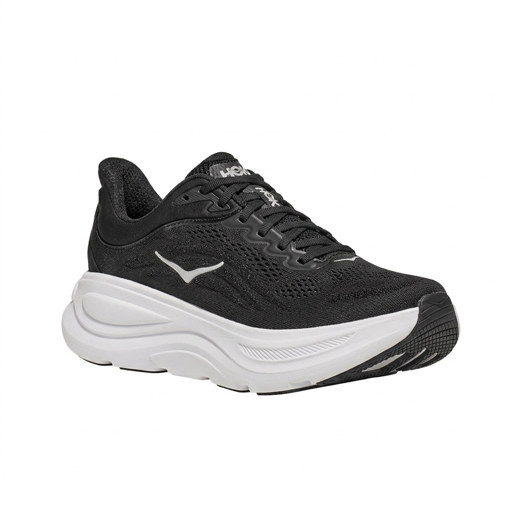 HOKA Bondi 9 black and white shoe, front angled view on a white square background