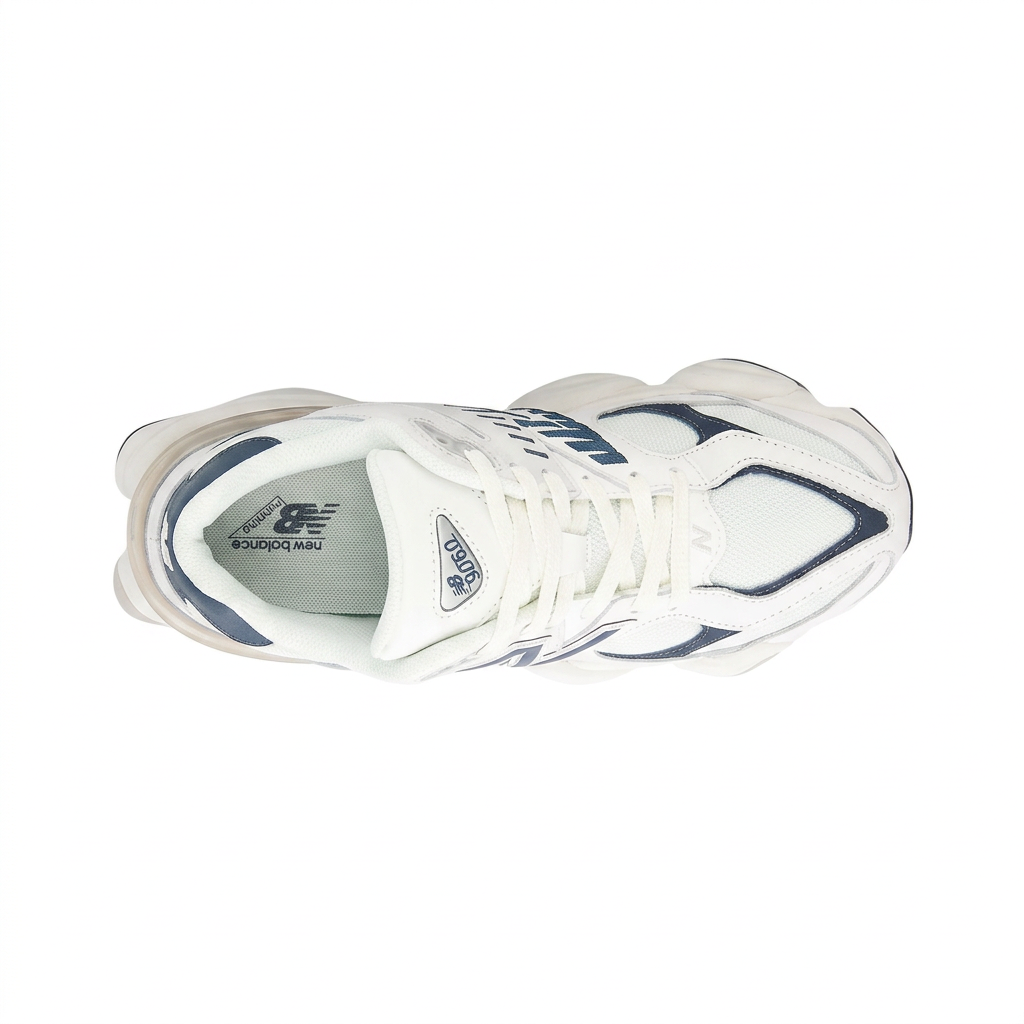 New Balance 9060 white and navy sneaker, top view on white