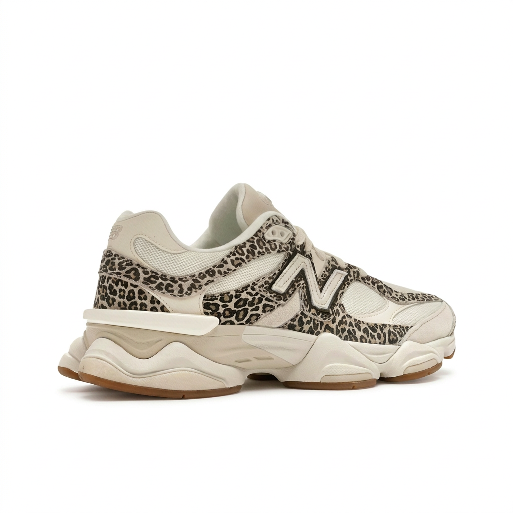 New Balance 9060 Cream Leopard Print rear angled view on white background
