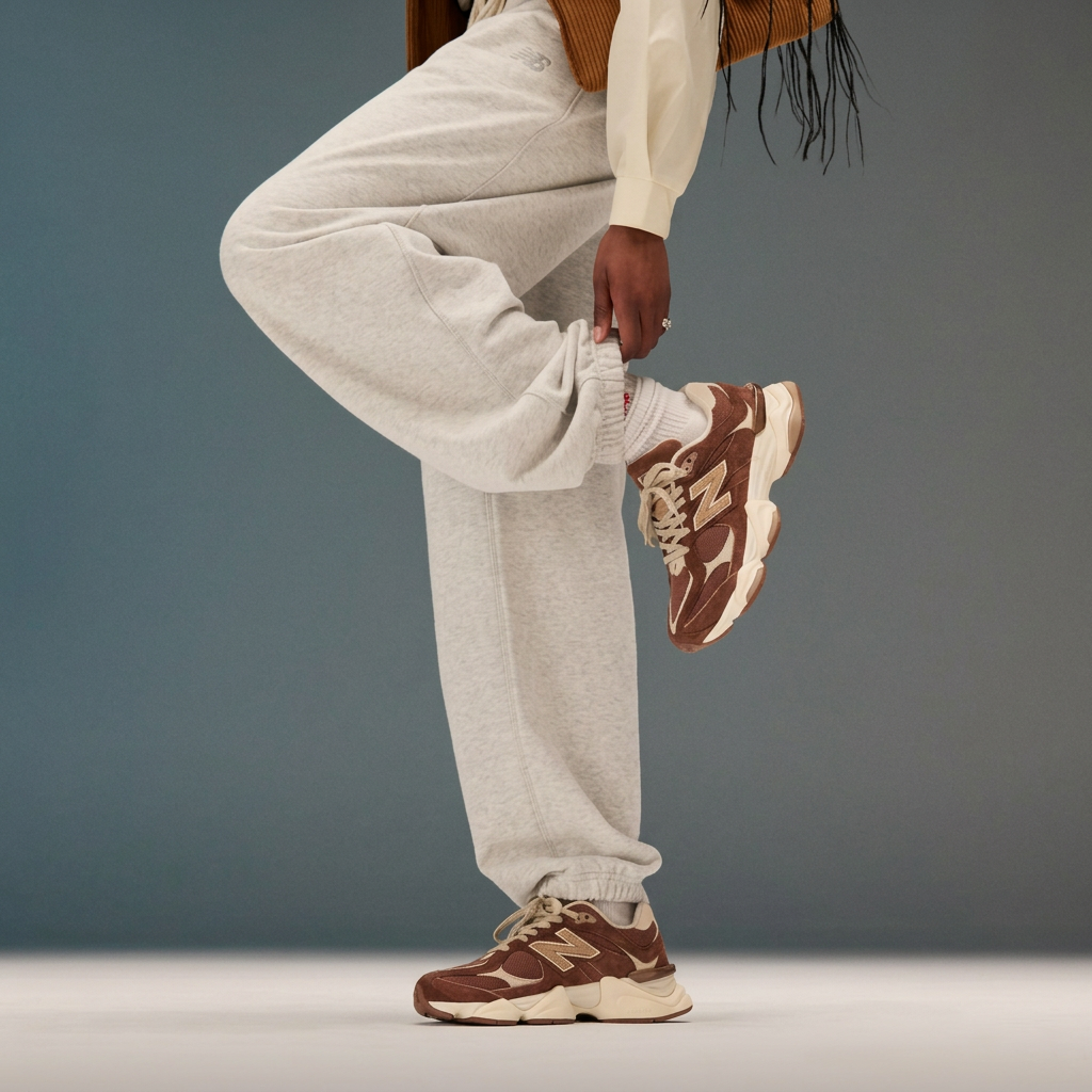 New Balance 9060 Brown Cream lifestyle outfit square image