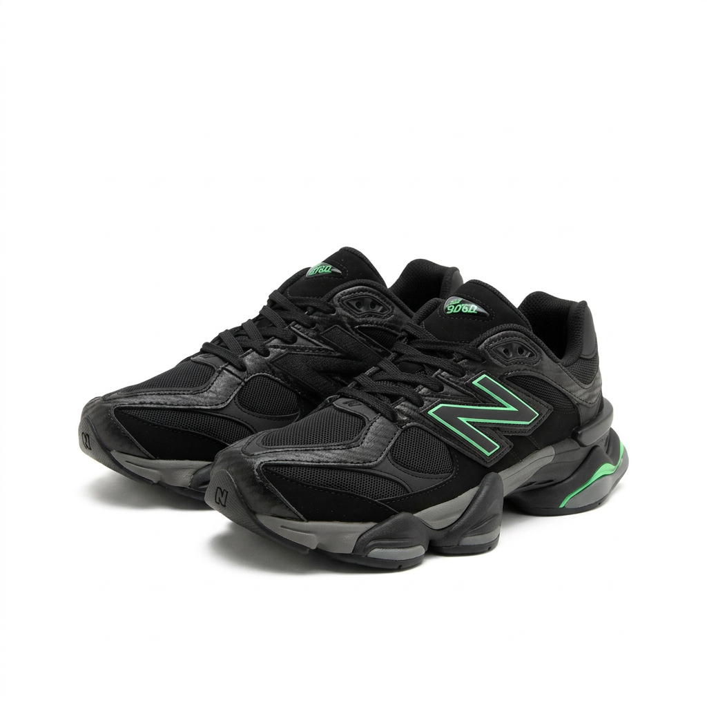 New Balance 9060 Black Green pair front angled view on white background