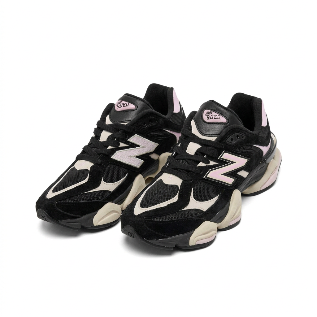 New Balance 9060 Black - Pink front three-quarter view on white background