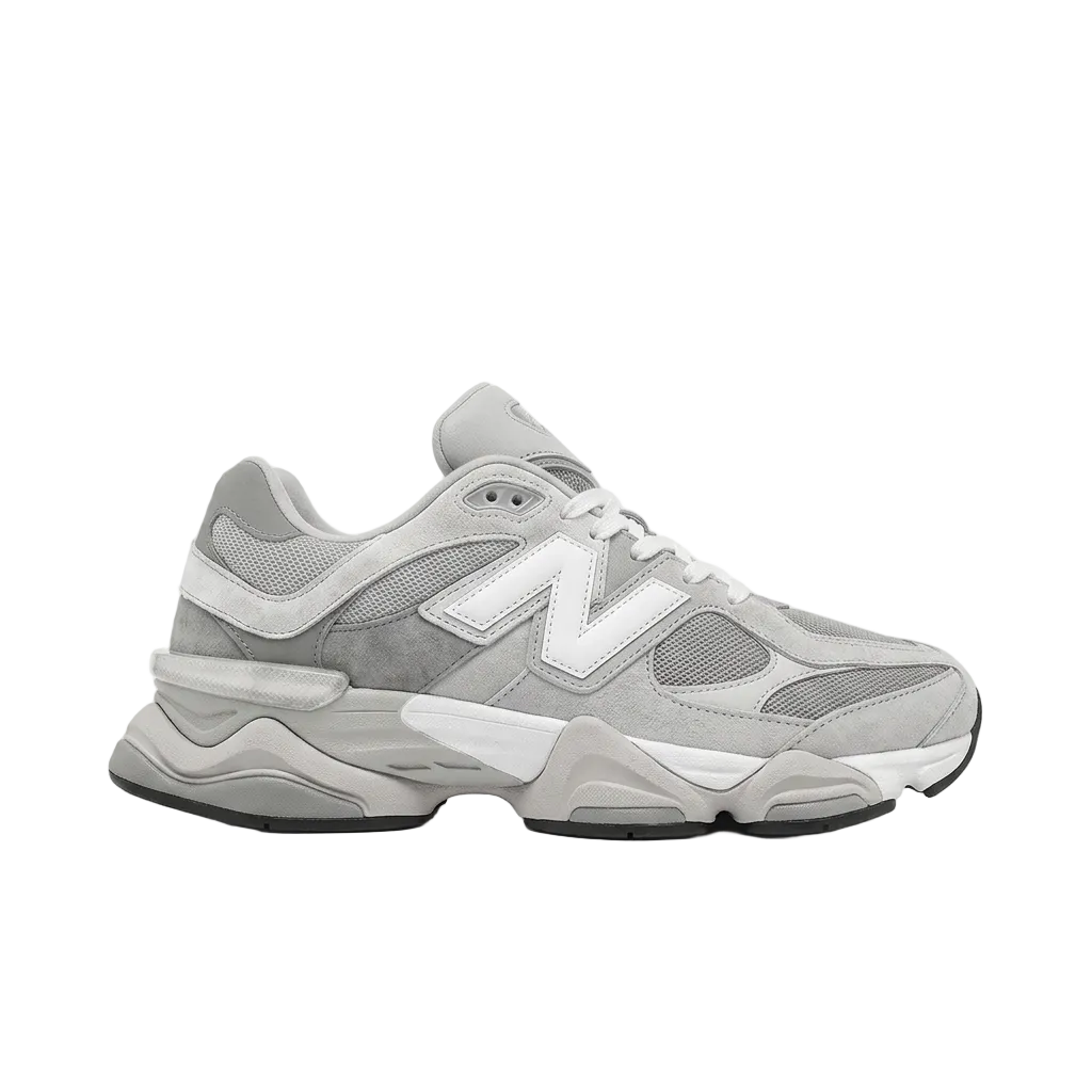 New Balance 9060 grey and white sneaker, side view on white