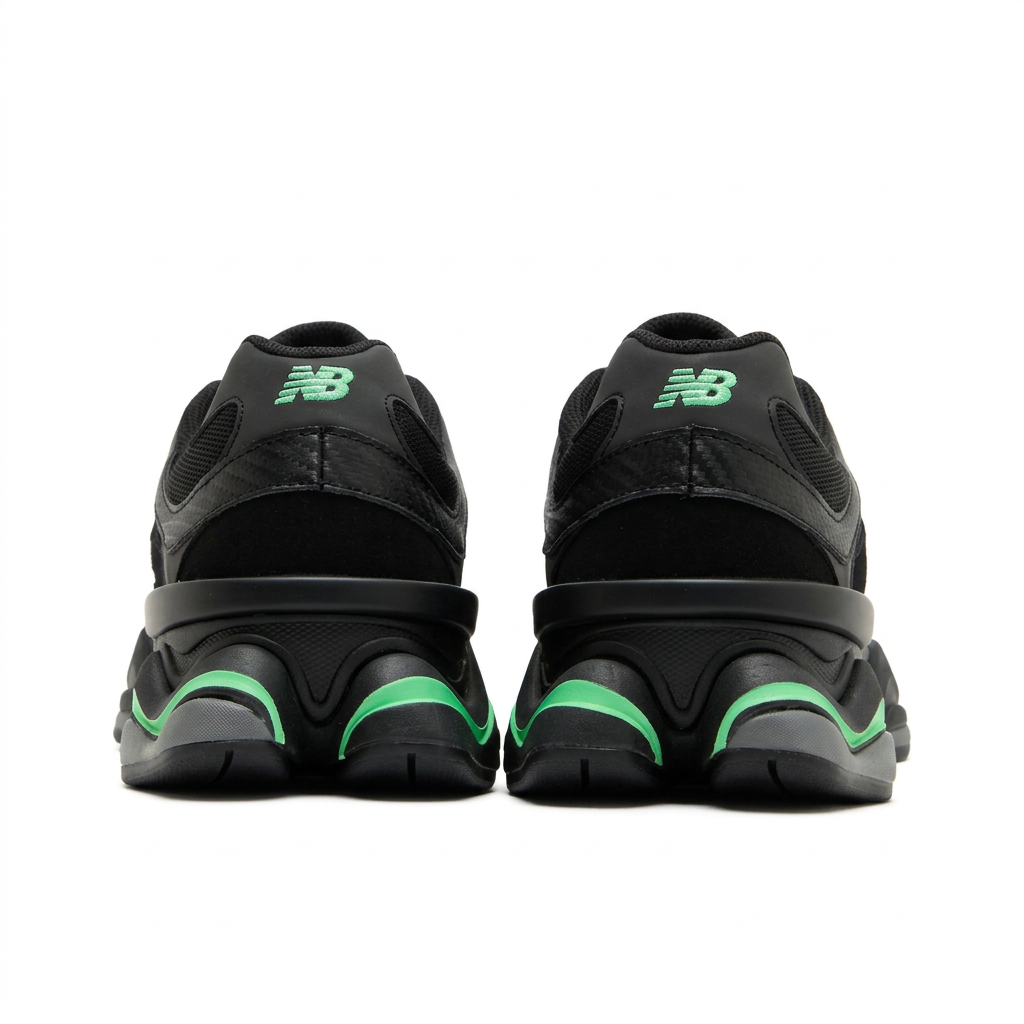 New Balance 9060 Black Green pair rear view on white background