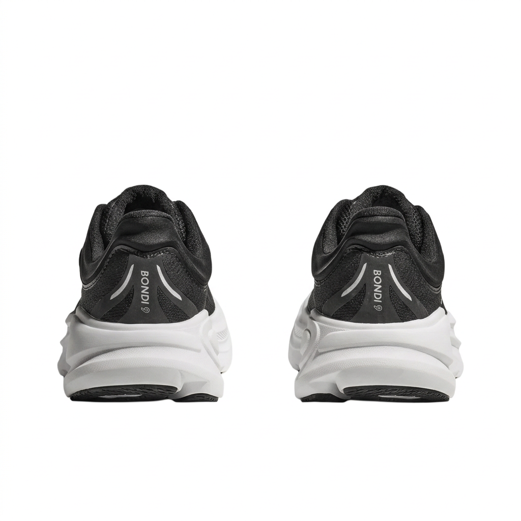 HOKA Bondi 9 black and white pair, rear heel view on white background