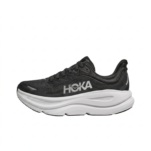 HOKA Bondi 9 black and white shoe, left-facing side view on white background